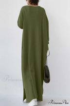 V Neck Sweatshirt Dress with Slit Hem