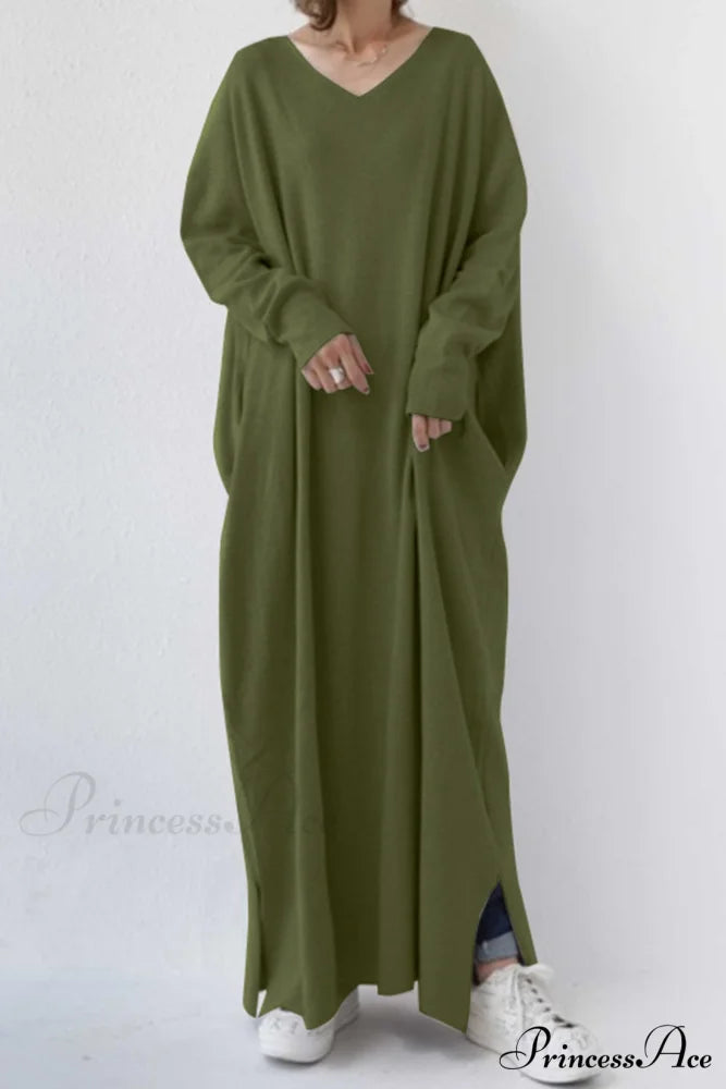 V Neck Sweatshirt Dress with Slit Hem