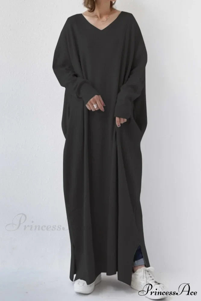 V Neck Sweatshirt Dress with Slit Hem