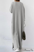 V Neck Sweatshirt Dress with Slit Hem