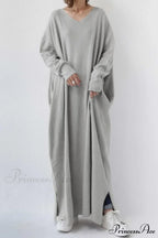 V Neck Sweatshirt Dress with Slit Hem