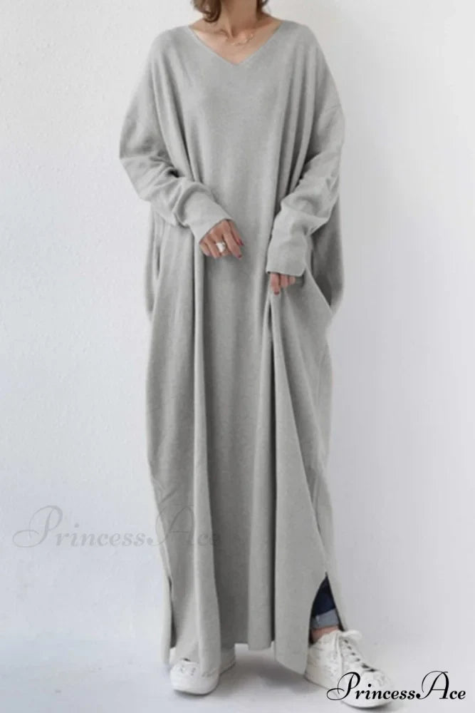 V Neck Sweatshirt Dress with Slit Hem
