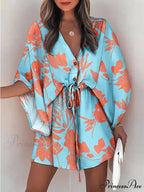 V-Neck Tie Printed Charming Batwing Sleeve Dress