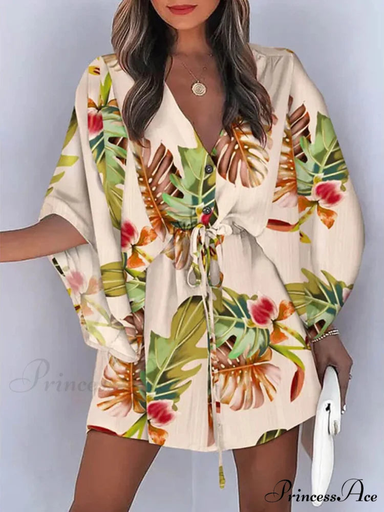 V-Neck Tie Printed Charming Batwing Sleeve Dress