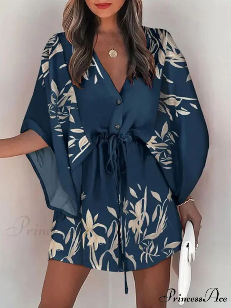 V-Neck Tie Printed Charming Batwing Sleeve Dress