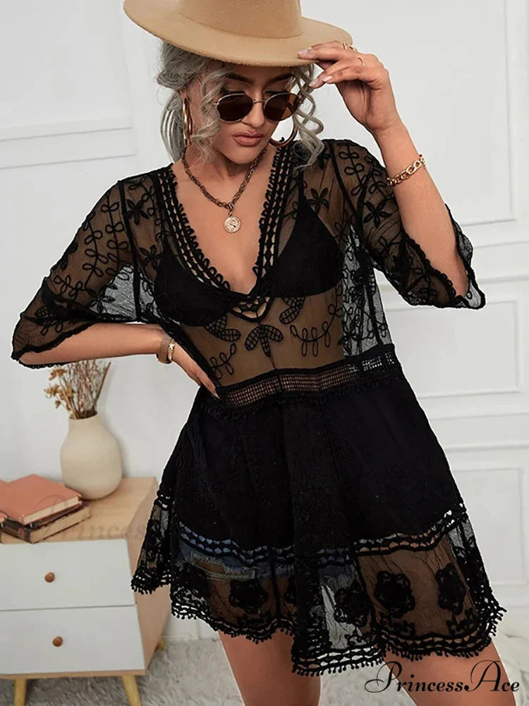 V-neck Transparent Lace Boho Cover-up