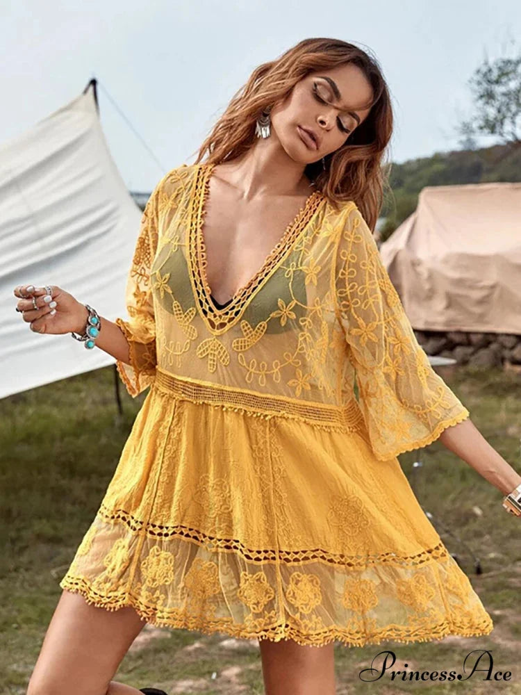 V-neck Transparent Lace Boho Cover-up