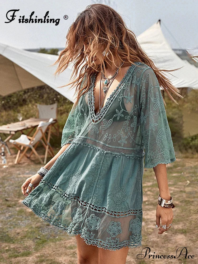 V-neck Transparent Lace Boho Cover-up