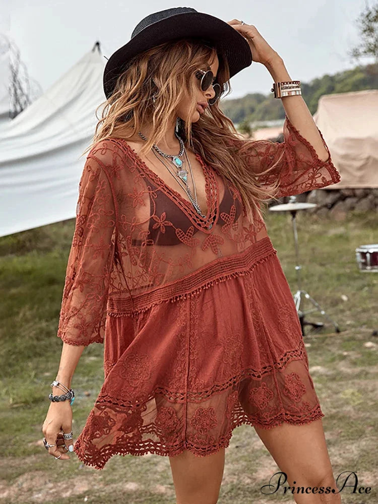 V-neck Transparent Lace Boho Cover-up
