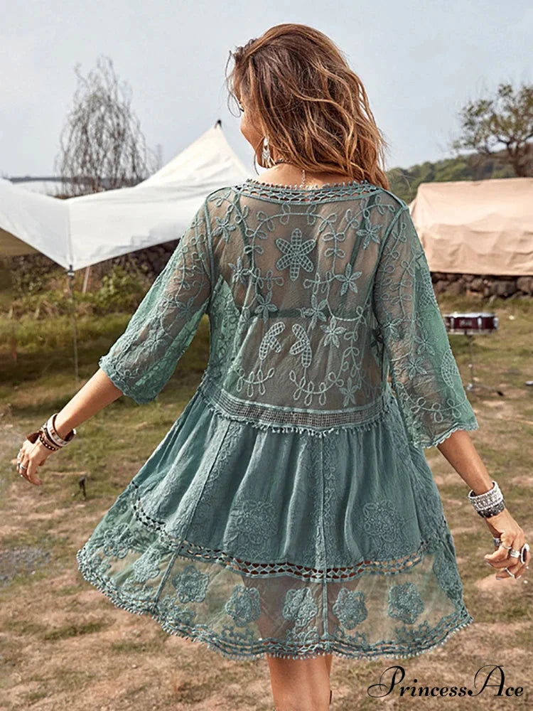 V-neck Transparent Lace Boho Cover-up