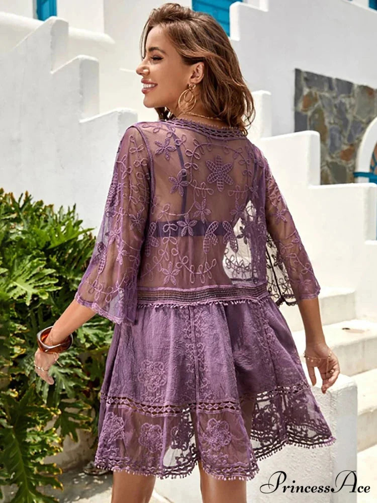 V-neck Transparent Lace Boho Cover-up