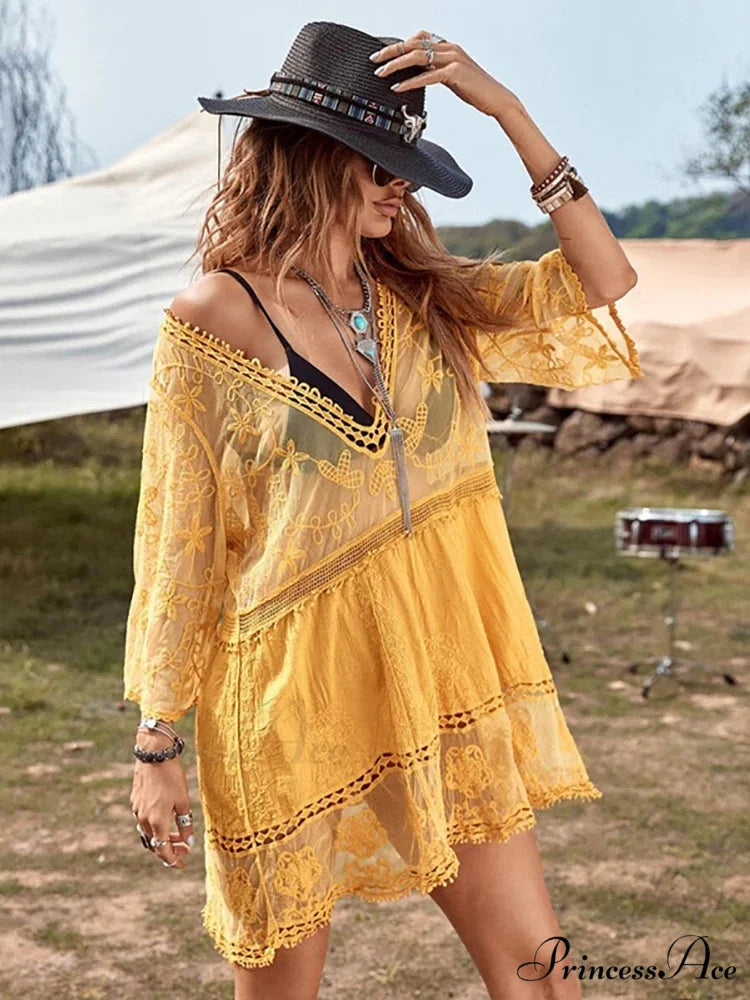 V-neck Transparent Lace Boho Cover-up