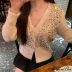 V-shaped Grey Sparkling Knitted Short Cardigan