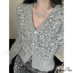 V-shaped Grey Sparkling Knitted Short Cardigan