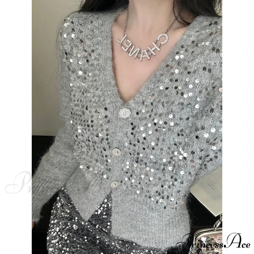 V-shaped Grey Sparkling Knitted Short Cardigan