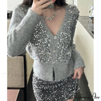 V-shaped Grey Sparkling Knitted Short Cardigan