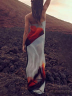 Vacation Abstract Tulip Print Graceful Slip H-Line Maxi Dress