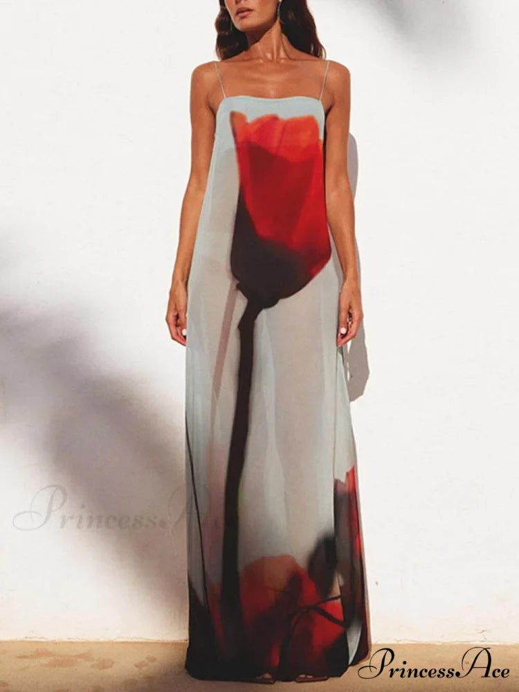 Vacation Abstract Tulip Print Graceful Slip H-Line Maxi Dress