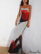 Vacation Abstract Tulip Print Graceful Slip H-Line Maxi Dress