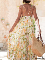 Vacation Casual Loose Tie-Dye Floral Trendy V-Neck Waist Slimming Midi Dress