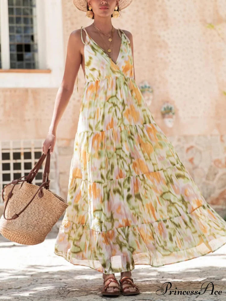 Vacation Casual Loose Tie-Dye Floral Trendy V-Neck Waist Slimming Midi Dress