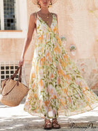 Vacation Casual Loose Tie-Dye Floral Trendy V-Neck Waist Slimming Midi Dress