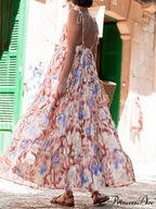 Vacation Casual Loose Tie-Dye Floral Trendy V-Neck Waist Slimming Midi Dress