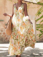 Vacation Casual Loose Tie-Dye Floral Trendy V-Neck Waist Slimming Midi Dress