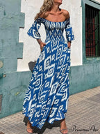 Vacation Ethnic Print Smocked Graceful Off Shoulder Pocketed Maxi Dress
