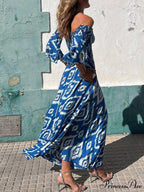 Vacation Ethnic Print Smocked Graceful Off Shoulder Pocketed Maxi Dress