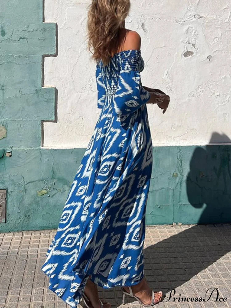Vacation Ethnic Print Smocked Graceful Off Shoulder Pocketed Maxi Dress