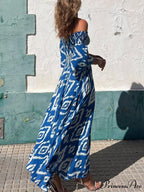 Vacation Ethnic Print Smocked Graceful Off Shoulder Pocketed Maxi Dress