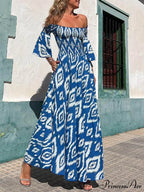 Vacation Ethnic Print Smocked Graceful Off Shoulder Pocketed Maxi Dress