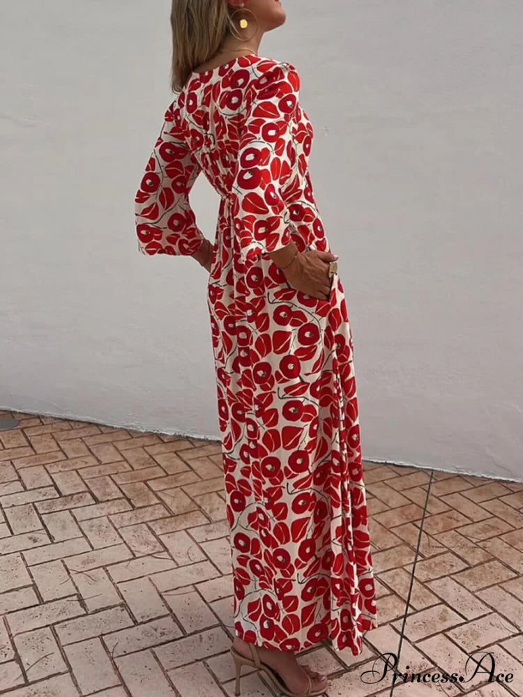 Vacation Floral Print Smocked Graceful Off Shoulder Pocketed Maxi Dress