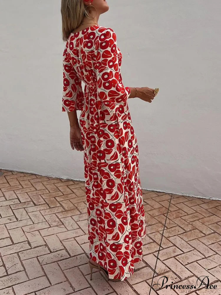 Vacation Floral Print Smocked Graceful Off Shoulder Pocketed Maxi Dress