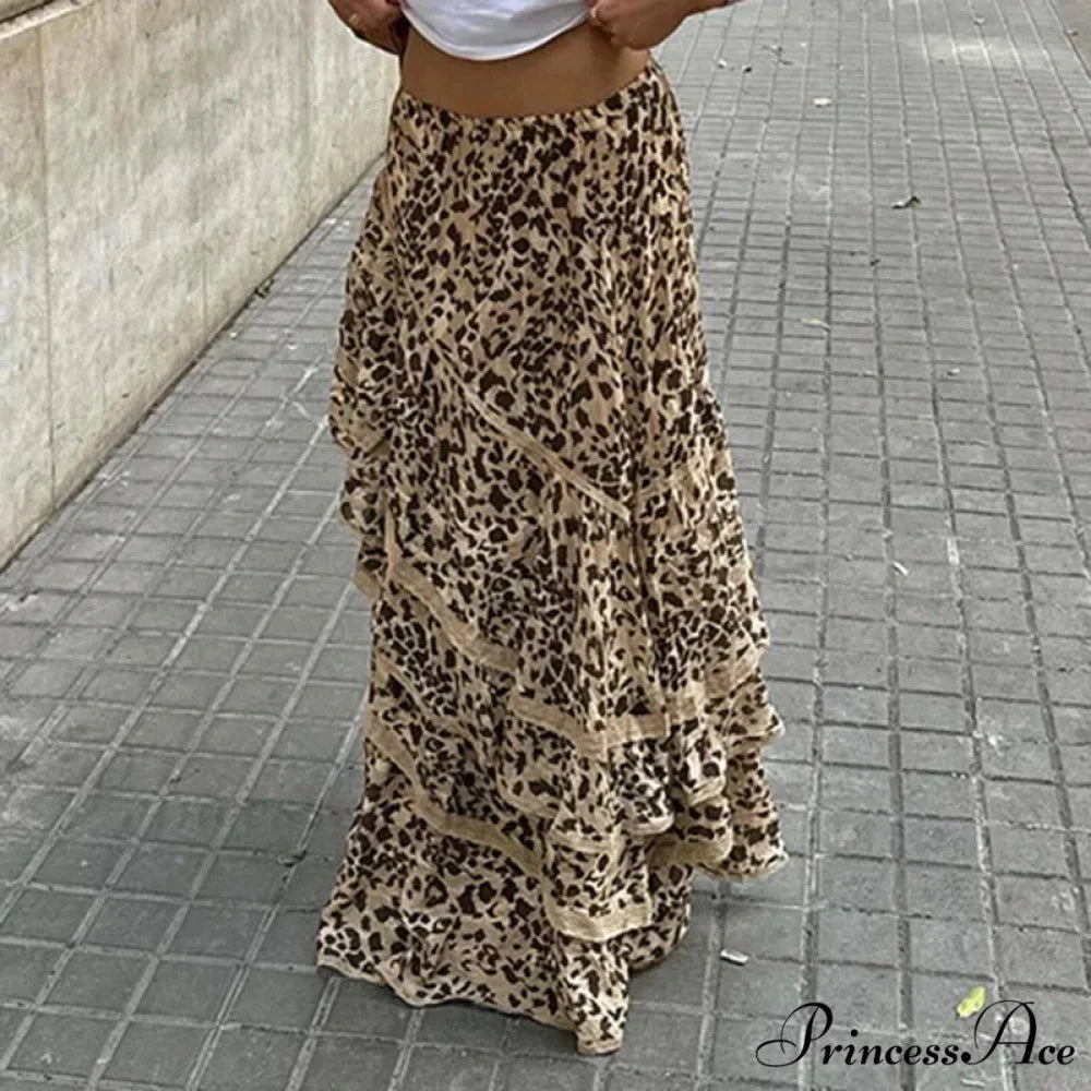 Vacation Skirts Short Waist Cheetah Pattern Long Patched Asymmetrical