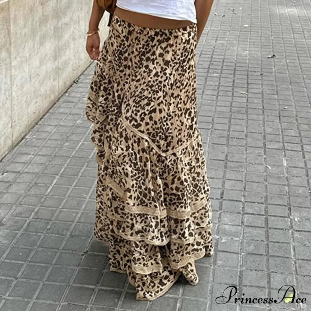 Vacation Skirts Short Waist Cheetah Pattern Long Patched Asymmetrical