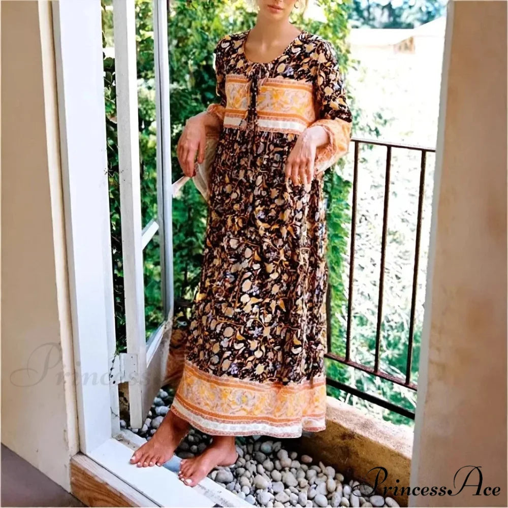 Various Flower Pattern Tie Neck Fringe Retro Free-Spirited Long Dress