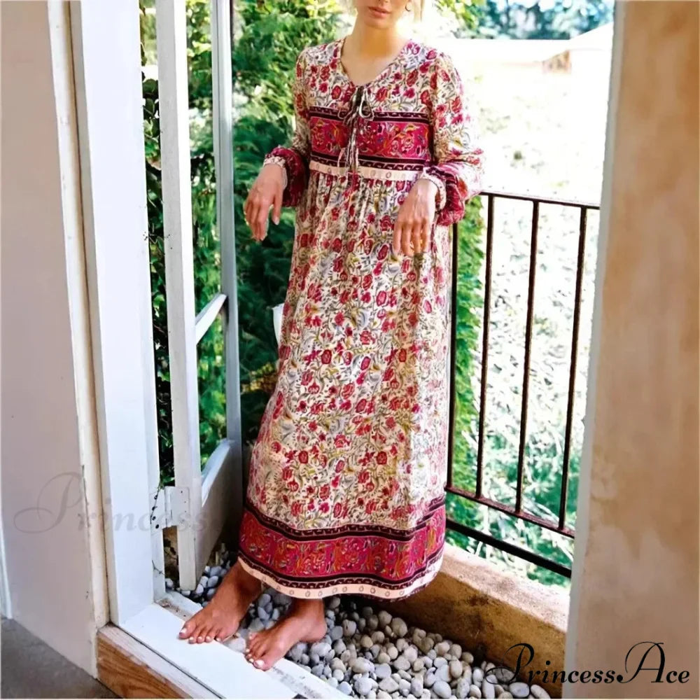 Various Flower Pattern Tie Neck Fringe Retro Free-Spirited Long Dress
