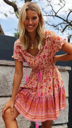 Various Flower Pattern V-neck Half Sleeve Baggy Mini Boho Dress