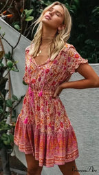 Various Flower Pattern V-neck Half Sleeve Baggy Mini Boho Dress