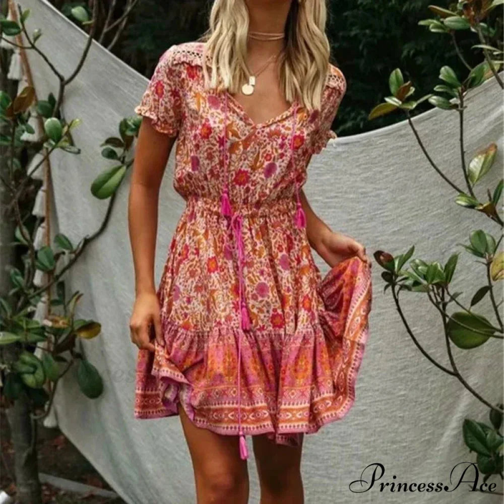 Various Flower Pattern V-neck Half Sleeve Baggy Mini Boho Dress