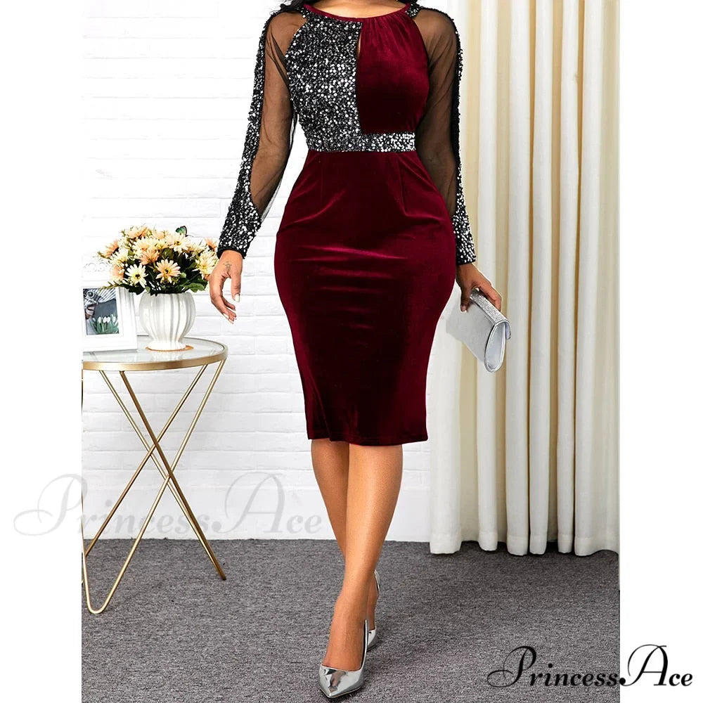 Velvet Bright Silk Evening Patchwork Party Dress