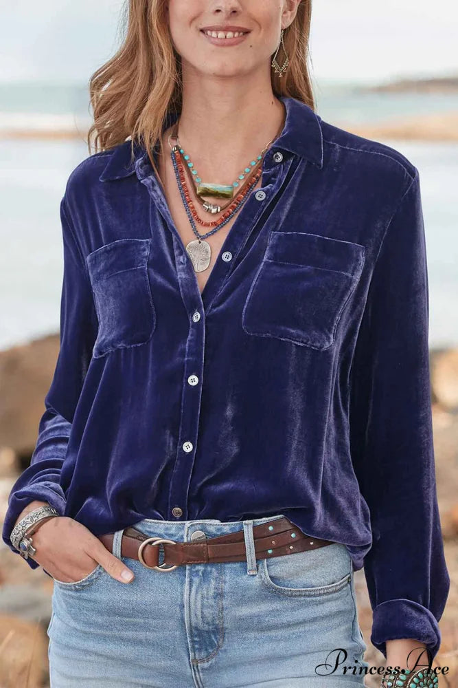 Velvet Button Up Blouse with Lapel