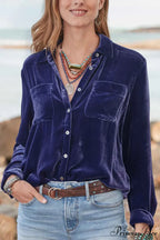 Velvet Button Up Blouse with Lapel