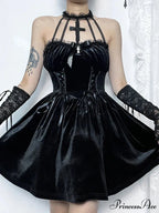 Velvet Criss-Cross Halter Vintage Draped Lace Sleeveless Bodycon Backless A-Line Dress