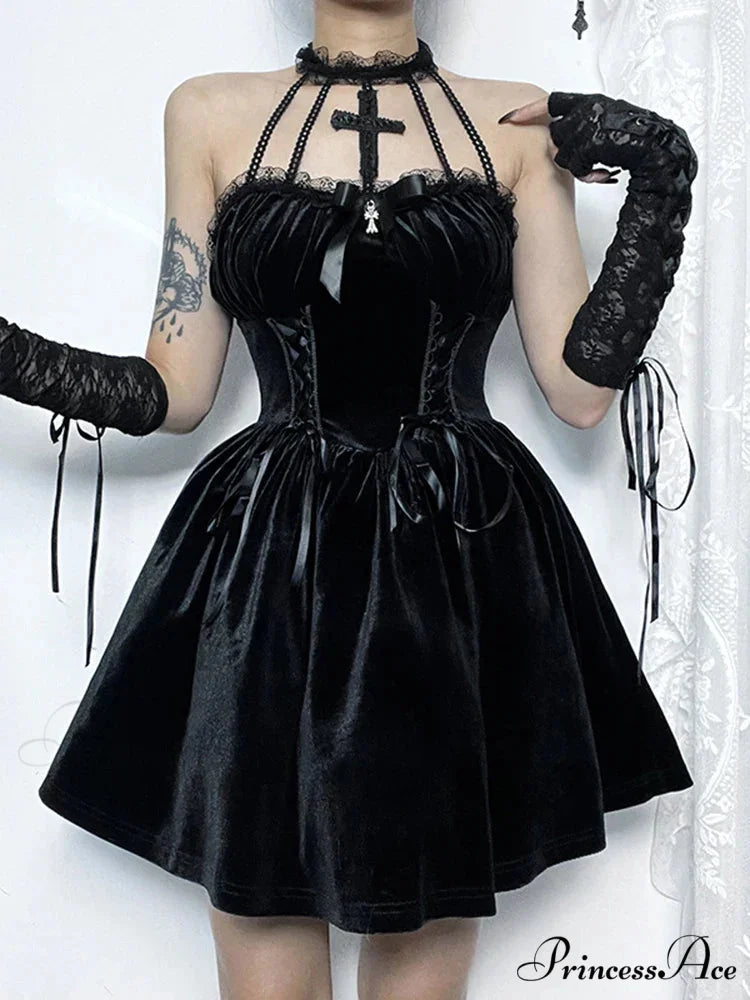 Velvet Criss-Cross Halter Vintage Draped Lace Sleeveless Bodycon Backless A-Line Dress