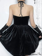 Velvet Criss-Cross Halter Vintage Draped Lace Sleeveless Bodycon Backless A-Line Dress