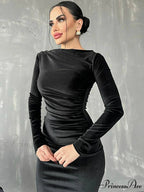 Velvet Long Sleeve Midi Dress - Elegant Party Clothes for Christmas Party