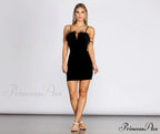Velvet Marabou Neck Charming Trim Mini Dress